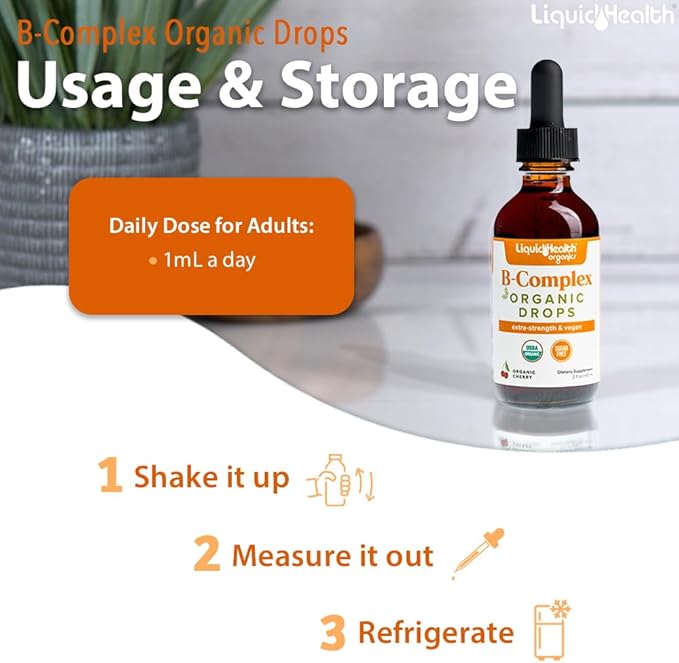 LIQUIDHEALTH USDA Organic Vitamin B Complex Drops for Men & Women - Natural Energy, Improved Focus, Memory & Mood, Immune Support, Metabolism Boost - USA Made, Extra Strength, No Sugar, Vegan (3 Pack)
