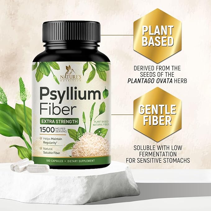 Psyllium Husk Fiber Supplement 1500mg, Natural Daily Soluble & Insoluble Fiber Pills, Psyllium Husk Powder Capsules Supports Digestion Colon Health & Regularity, Plant Based Supplement - 180 Capsules