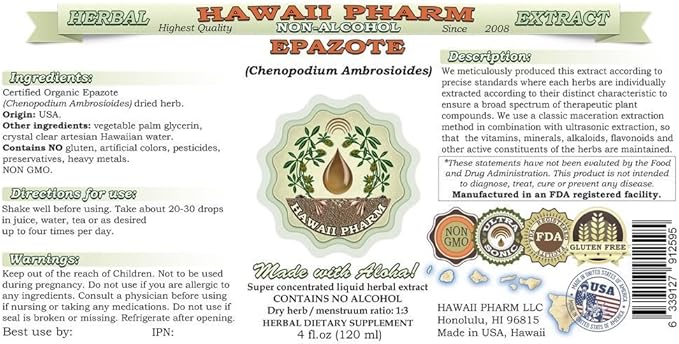 Epazote Alcohol-Free Liquid Extract, Epazote (Chenopodium Ambrosioides) Dried Herb Glycerite Hawaii Pharm Natural Herbal Supplement 2x2 oz