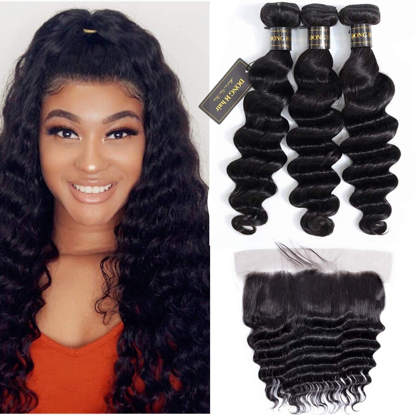 Peruvian Loose Deep Wave Frontal With Bundles 13X4 Lace Frontal Closure With Baby Hair Free Part (14 16 18+12,Natural Black) 9A