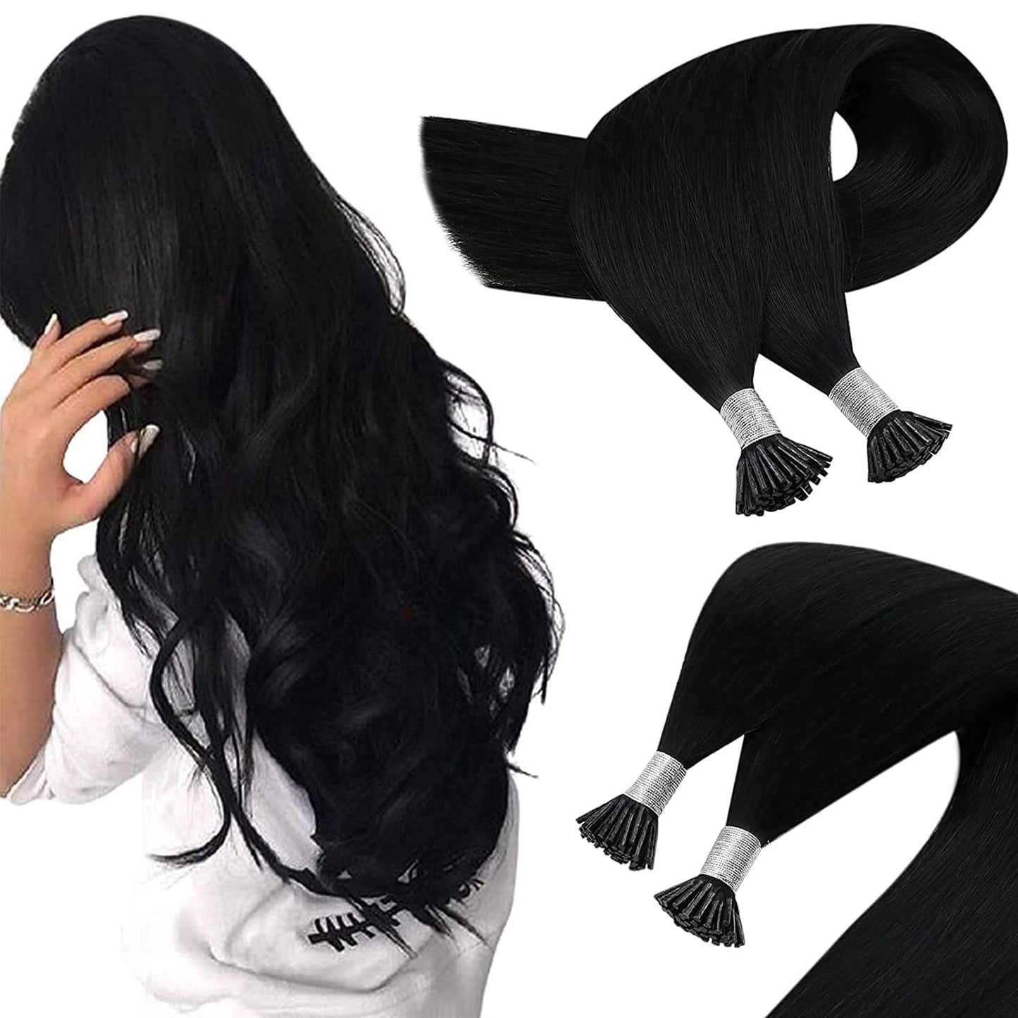 Sunny Hair Extensions I Tip Jet Black 26Inch Itip Human Hair Extensions Black I Tips Hair Extensions Real Human Hair For Women I
