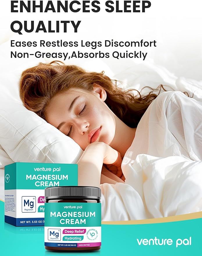 Venture Pal Magnesium Lotion, Topical Magnesium Cream for Sleep, Leg Cramps & Pain, Muscle Relaxation, Calm, Moisturizing Supplement with Coconut Oil, Shea Butter & Hyaluronic Acid, Safe for Kids