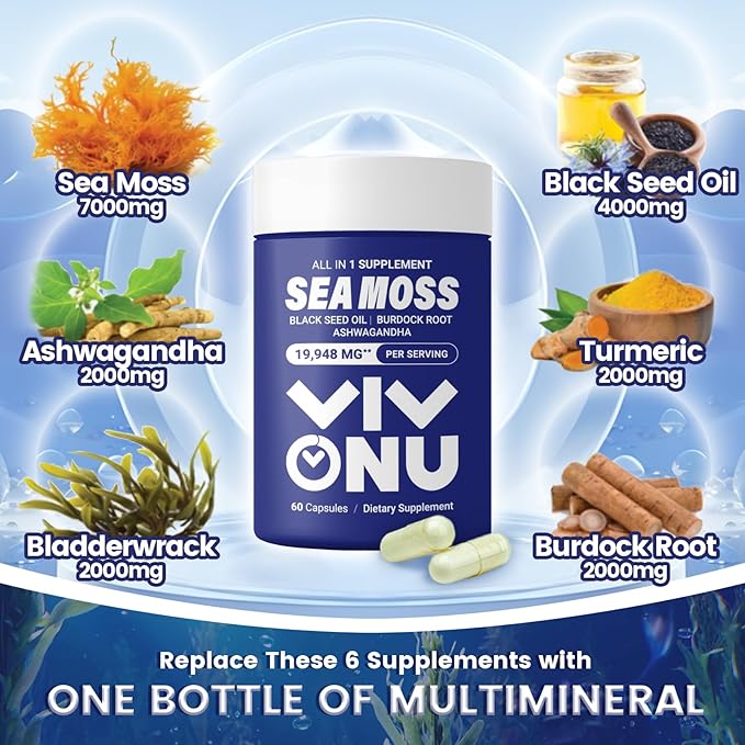 Sea Moss Black Seed Oil Ashwagandha Shilajit Ginger-Sea Moss Capsules withBurdock Turmeric Vitamins C & D3 Elderberry Ginger ACV Manuka Dandelion-Immune System,Skin,Energy Support