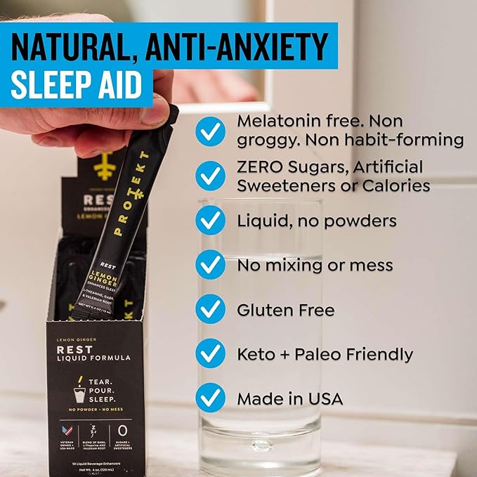 GABA L Theanine Supplement | Melatonin-Free Sleep Aid for Adults | Valerian Root for Night Support & Restful Sleep | GABA Calm Liquid Drink Mix for Adults | Lemon Ginger, Pack of 10
