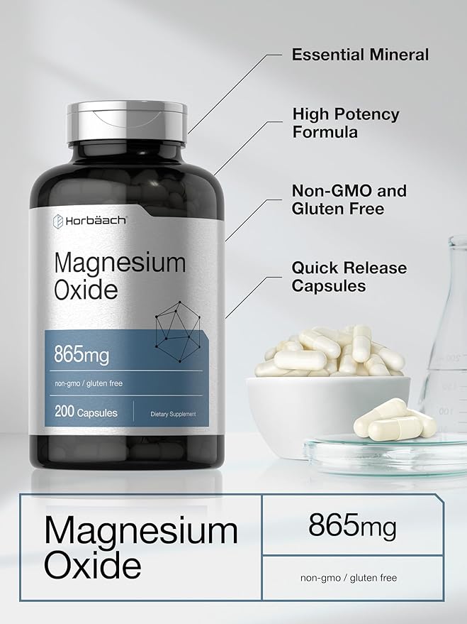 Horbäach Magnesium Oxide 865 mg | 200 Capsules | Non-GMO and Gluten Free Supplement