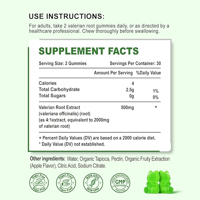 Organic Valerian Root Gummies, Herbal Supplement for Relaxation & Mood Support, Sleep Gummies Without Melatonin for Adults, Vegan, Non-GMO, Apple Flavor, 60 Count