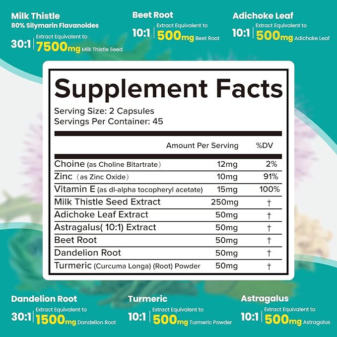 Milk Thistle Supplement - Liver Detox Cleanse Formula Herbal Liver Support with Milk Thistle, Dandelion Root, Artichoke, Turmeric, Astragalus for Liver Health, 90 Capsules-67
