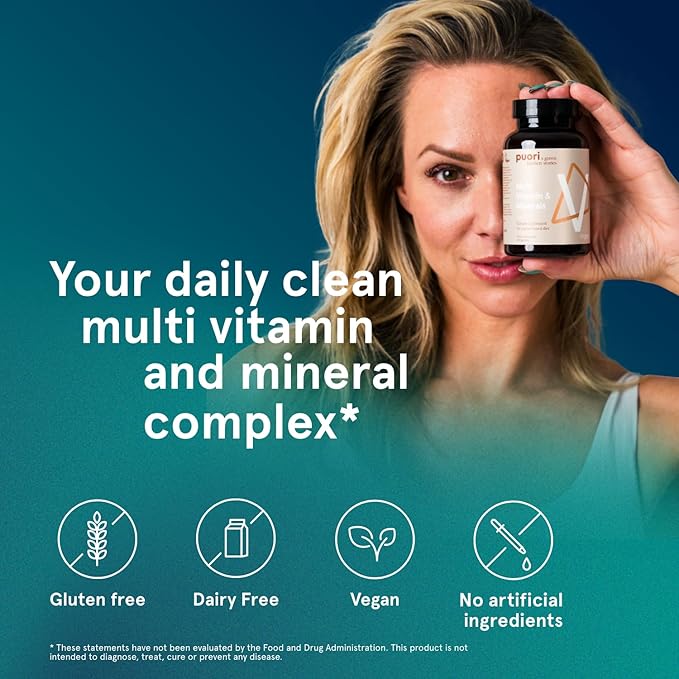 Puori Multi-Vitamin and Mineral Complex - 60 Vegan Capsules - Vegan Certified with 13 Essential Vitamin and 9 Minerals - for Overall Health, Nervous and Immune System - Dairy-Free, Vegetarian