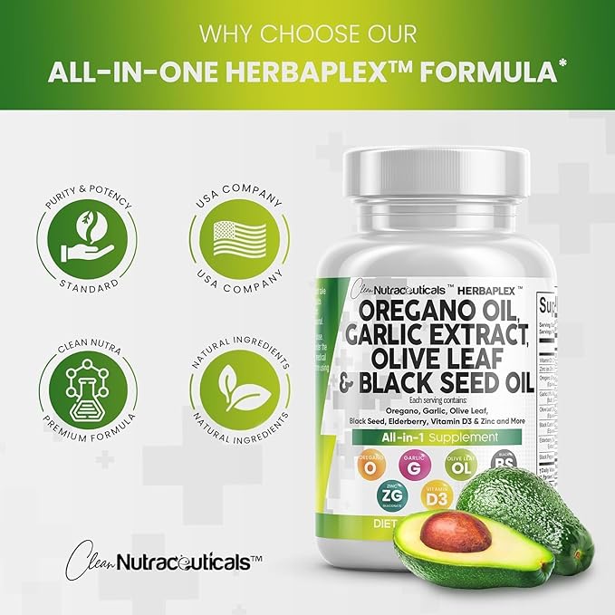 Clean Nutraceuticals Oregano Oil Garlic Extract Olive Leaf Black Seed Oil- Immune Support & Digestive Health Supplement for Women and Men with Vitamin D3 & Zinc - 5Pack