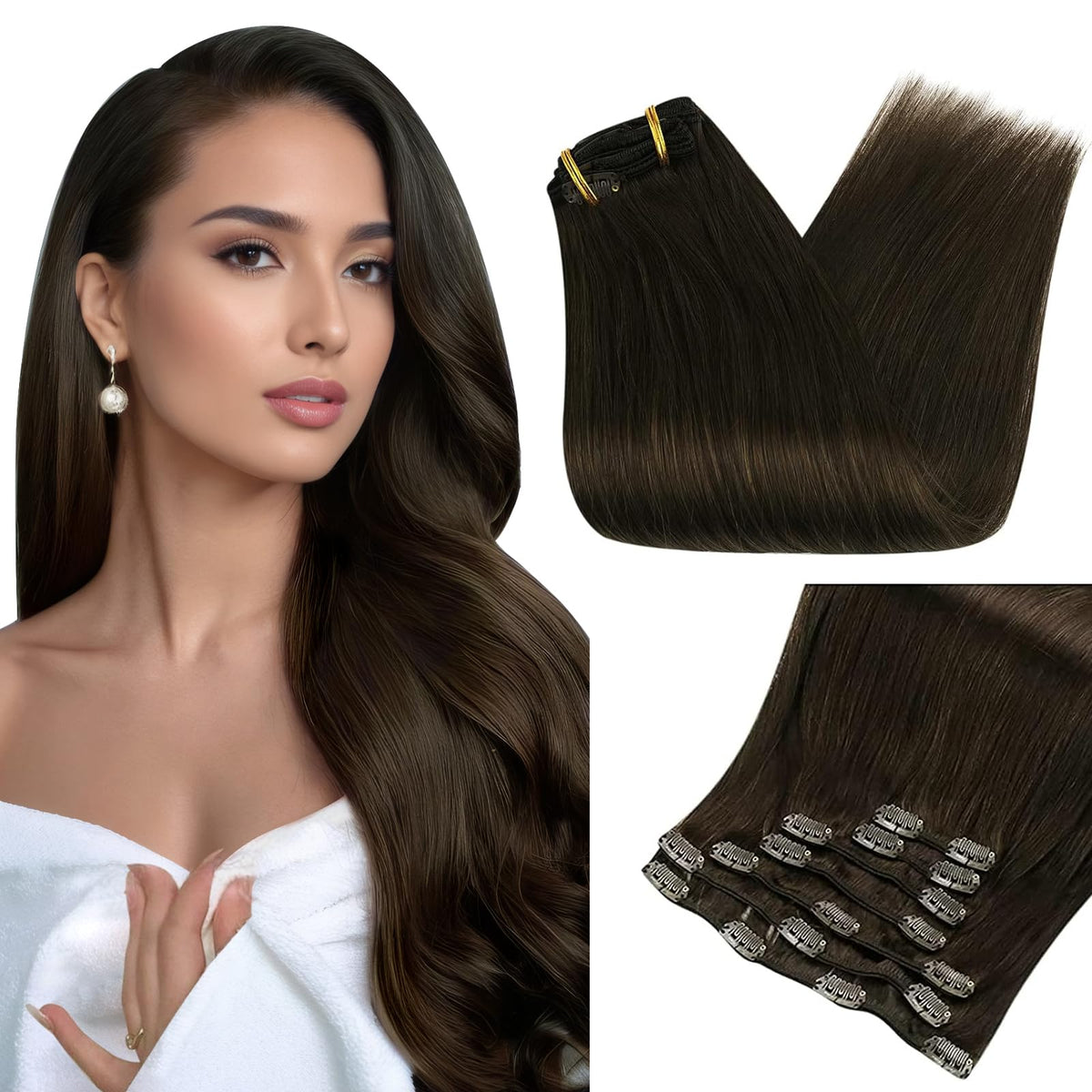 Full Shine Clip In Hair Extensions Human Hair Clip In Extensions Triple Weft Brazilian Hair Clip Ins Dark Brown Hair Extensions
