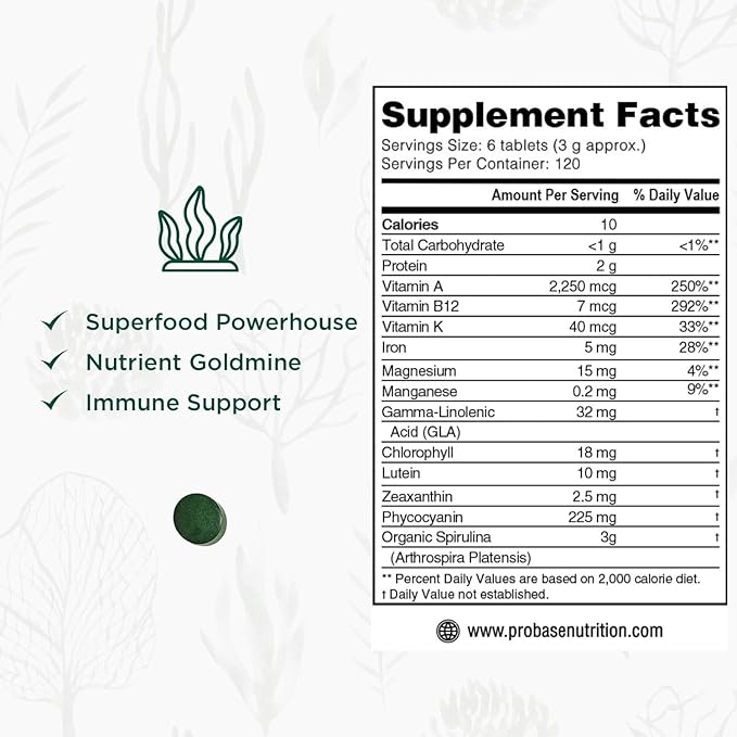 Organic Spirulina Tablets, Premium Spirulina Supplement, Rich in Prebiotics, Protein & Antioxidants | 3000 mg Per Serving, 720 Tablets