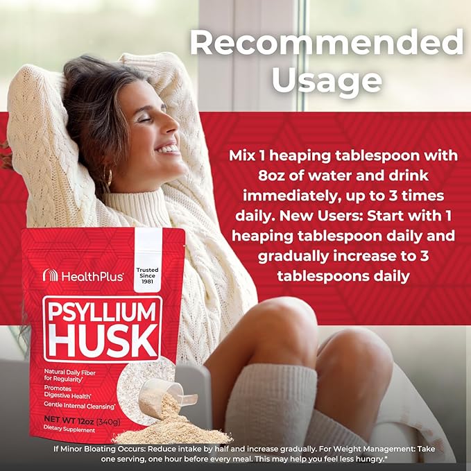 Health Plus, Psyllium Husk, 12 oz, 48 Servings - Natural Detox, Daily Dietary Fiber Supplement, Constipation Relief, Gentle Gut Cleanse, Keto Baking