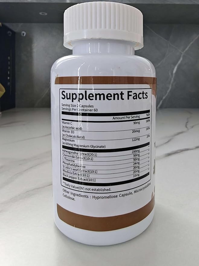 10-in-1 Cortisol Supplements with Magnesium, Ashwagandha, Chamomile, L-Theanine, Phosphatidylserine, St. John's Wort, Rhodiola, Vitamin C & D3, for Women Men, 120 Vegan Capsules for 2 Month, Non-GMO