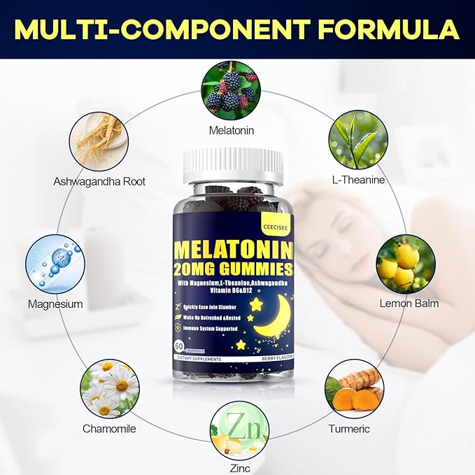 Melatonin 20mg Gummies for Women Men: Sugar Free Melatonin Supplement Extra Strength with Ashwagandha L-Theanine Magnesium Turmeric Vitamin D3 & B6 &B12 - Non-Habit Forming(60Count)