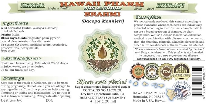 Brahmi Alcohol-Free Liquid Extract, Organic Brahmi Liquid (Bacopa Monnieri) Whole Herb Dried Glycerite Hawaii Pharm Natural Herbal Supplement 15x4 oz