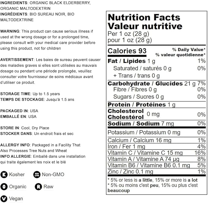 Food to Live Organic Black Elderberry Powder, 16 Pounds Non-GMO, Made from Raw Dried Berries, Unsulfured, Vegan, Bulk, Great for Baking, Smoothies, Yogurts, No Sulphites, Contains Maltodextrin