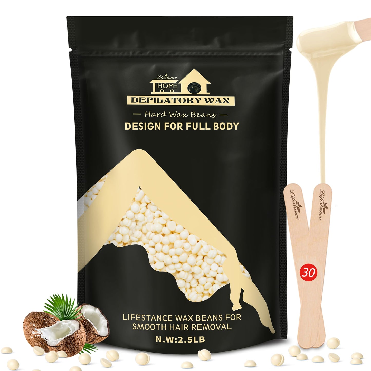 Lifestance 2.5Lb Wax Beads Kit, Cream Hard Wax Beans For Hair Removal Eyebrow Face Underarm With 30 Applicators Waxing For Brazi