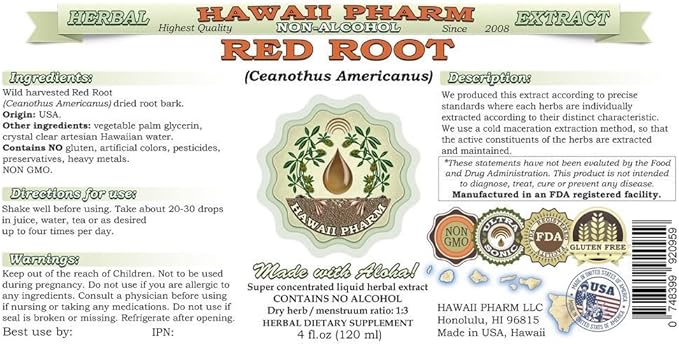 Red Root Alcohol-Free Liquid Extract, Red Root (Ceanothus Americanus) Dried Root Bark Glycerite Natural Herbal Supplement, Hawaii Pharm, USA 2 fl.oz