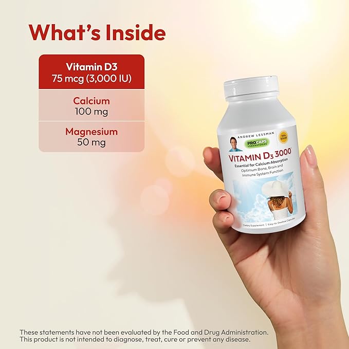 ANDREW LESSMAN Vitamin D3 3000 IU 60 Capsules - High Potency, Essential for Calcium Absorption, Supports Bone Health, Healthy Muscle Function, Immune System, More. Small Easy to Swallow Capsules