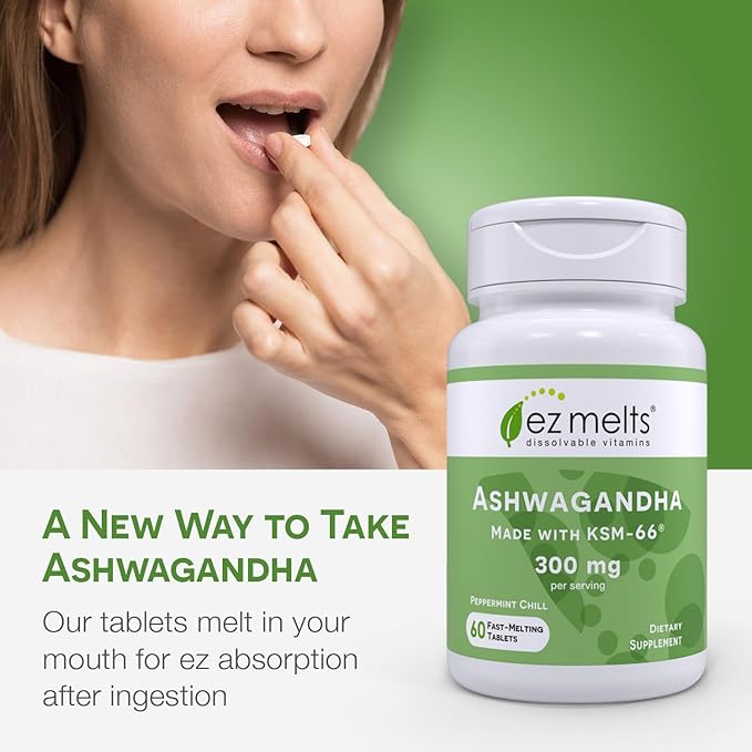 EZ Melts Dissolvable KSM-66 Ashwagandha®, 300 mg, Sugar-Free, Stress, Sleep and Mood Support Supplement, 30-Day Supply, Peppermint Chill-Flavor