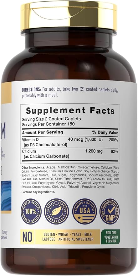 Carlyle Calcium 1200mg with Vitamin D3 | 300 Caplets | Non-GMO, Gluten Free, and Vegetarian