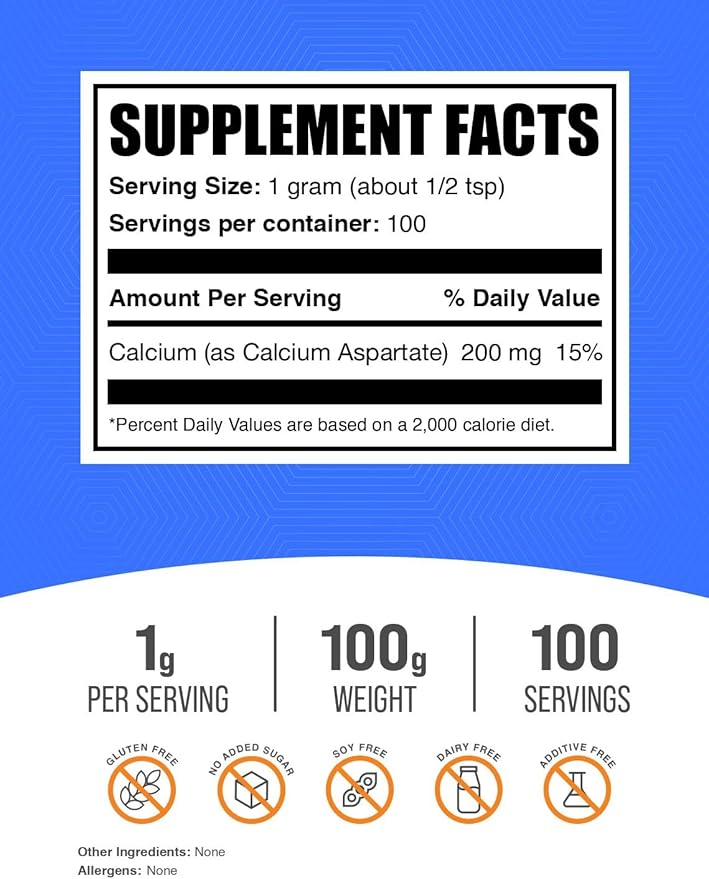 BulkSupplements.com Calcium Aspartate Powder - Calcium Supplement Powder, Essential Nutrient - Gluten Free, 1g per Serving, 100g (3.5 oz) (Pack of 1)