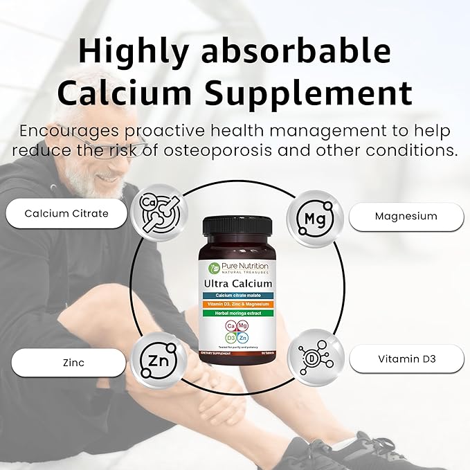 Pure Nutrition Ultra Calcium 1000mg with VIT D3 + K2 | 270 Tabs (90 X Pack of 3) | Highly absorbable Calcium Supplement with Calcium Citrate Malate, VIT D3, K2, Moringa Oleifera, Magnesium and Zinc.
