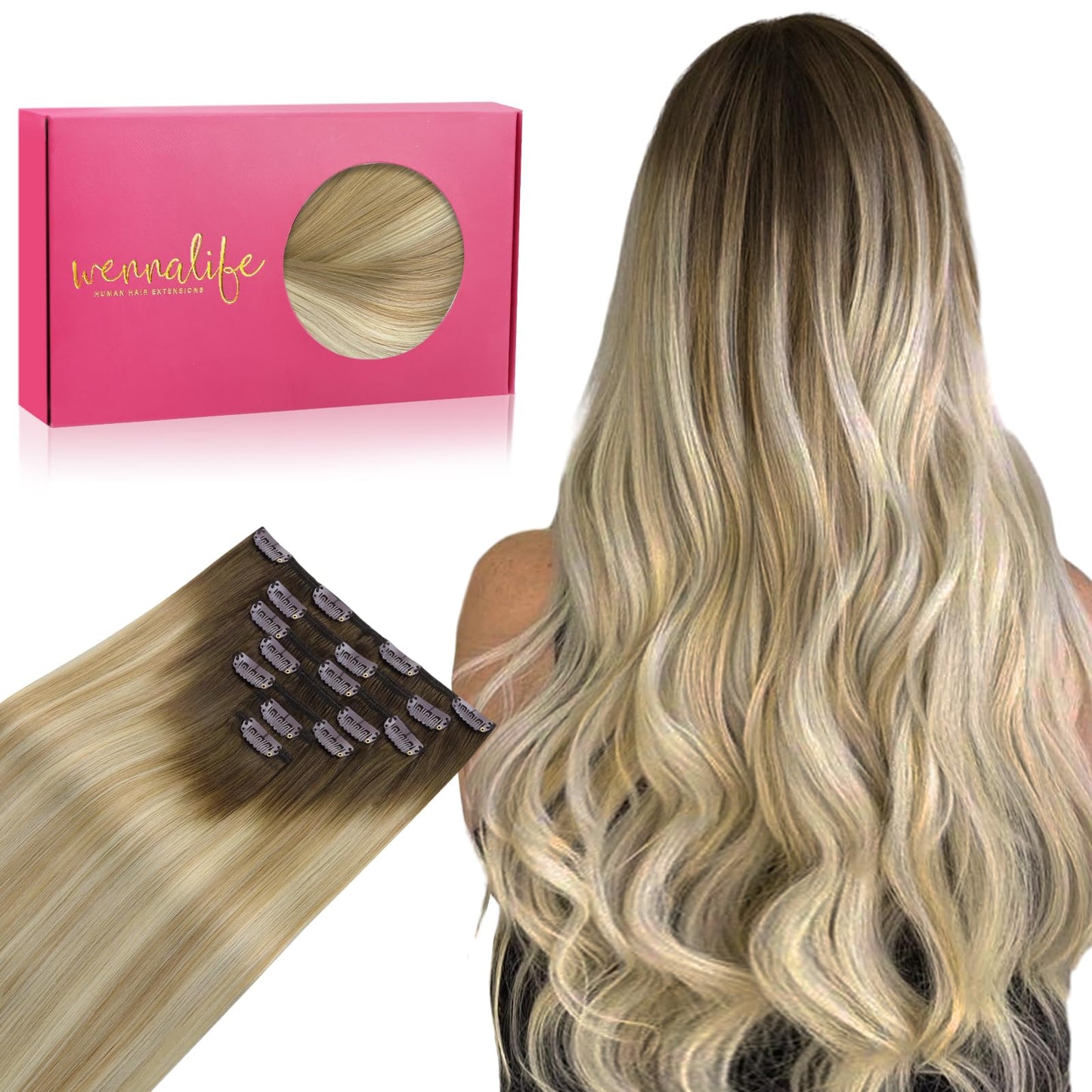 Wennalife Clip In Hair Extensions Real Human Hair, 18 Inch 120G 7Pcs Human Hair Extensions Clip In Human Hair, Balayage Light As