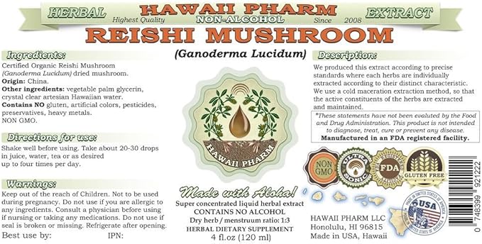 Reishi Alcohol-Free Liquid Extract - Tonic of Emperors, Organic Reishi Mushroom (Ganoderma Lucidum) Dried Mushroom Glycerite Natural Herbal Supplement, Hawaii Pharm, USA 4 fl.oz