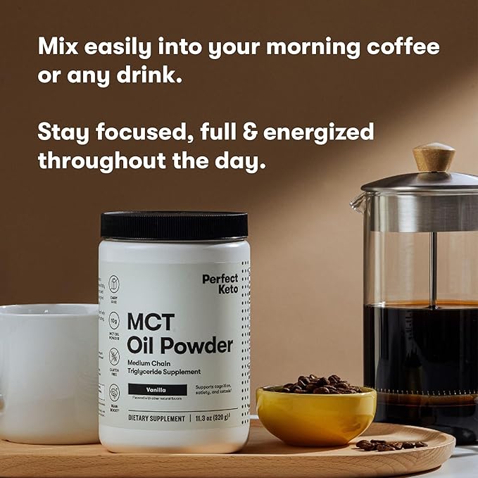 Perfect Keto 7g MCT Oil Powder, Medium Chain Triglycerides Supplement, Non Dairy Coffee Creamer for Keto Diet, Ketogenic MCT Oil Mix for Coffee, Smoothie, Protein Shakes and Tea, Vanilla, 30 Servings