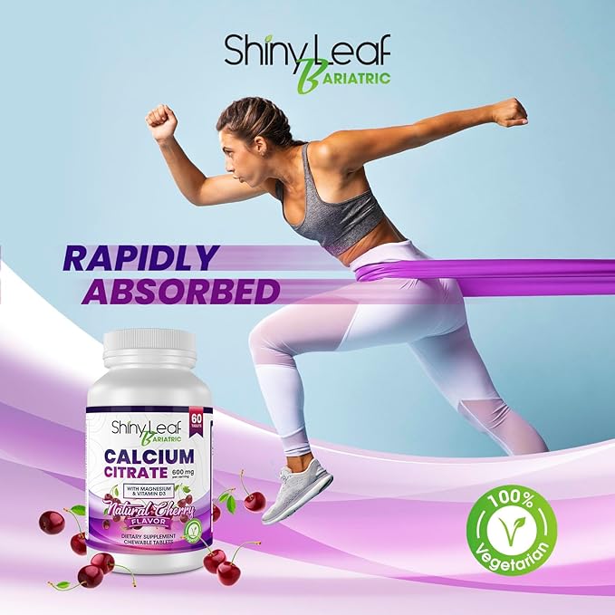 Shiny Leaf Bariatric Calcium Citrate Chews - 600mg, with Vitamin D 3 Plus Magnesium - Chewable Supplements for Women and Men, Bariatric Patients Vitamins for Bone and Joints Health, 180 Count, Cherry