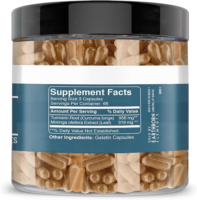 Earthborn Elements Turmeric & Moringa 200 Capsules, Pure & Undiluted, No Additives