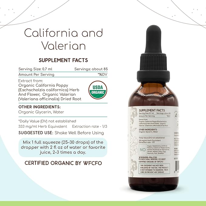 California and Valerian B60 USDA Organic Tincture | Alcohol-Free Extract, Herbal Drops | Certified Organic California Poppy (Eschscholzia californica), Valerian Root (Valeriana officinalis) (2 oz)