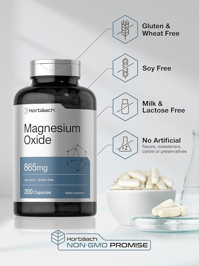 Horbäach Magnesium Oxide 865 mg | 200 Capsules | Non-GMO and Gluten Free Supplement