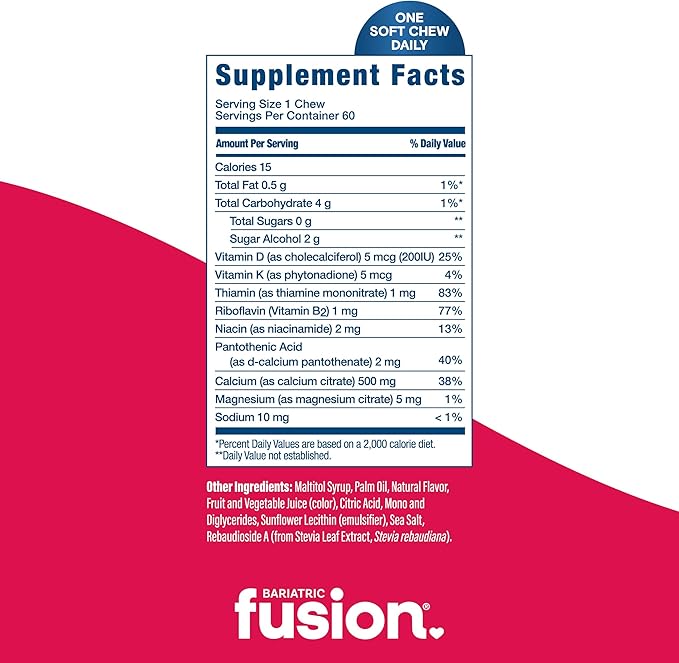 Bariatric Fusion Bariatric Calcium Chews | Calcium Citrate with Vitamin D3 Calcium Supplement Bariatric Vitamin | Sugar Free Calcium Citrate Chewable | Calcium Citrate 500mg | Strawberry | 60 Count