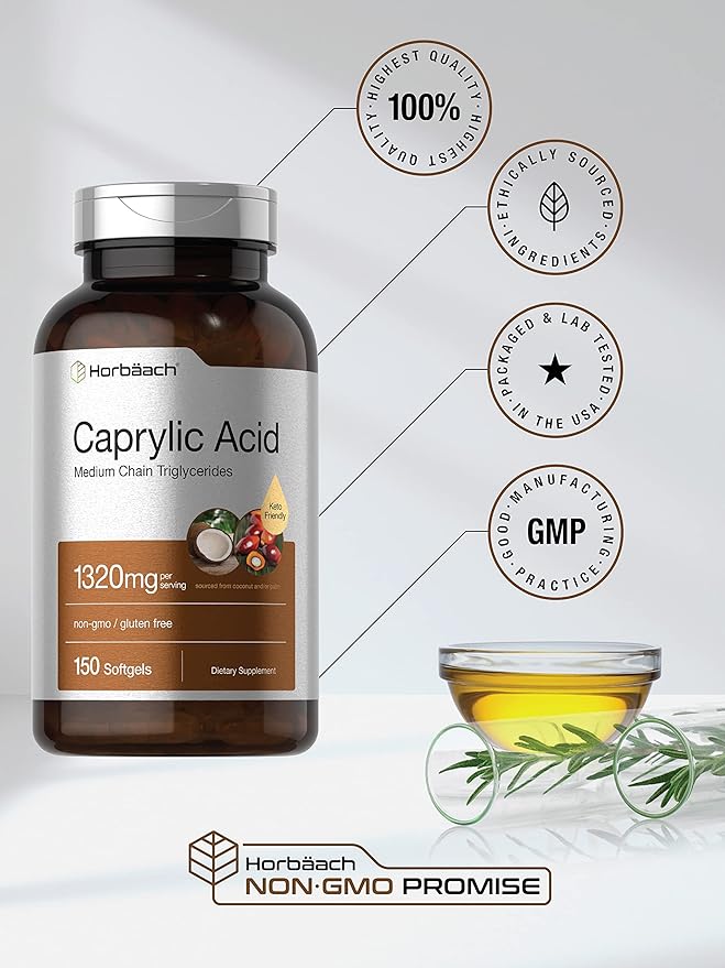 Horbaach Caprylic Acid 1320mg Supplement | 150 Softgel Capsules | from MCT Oil | Non-GMO & Gluten Free