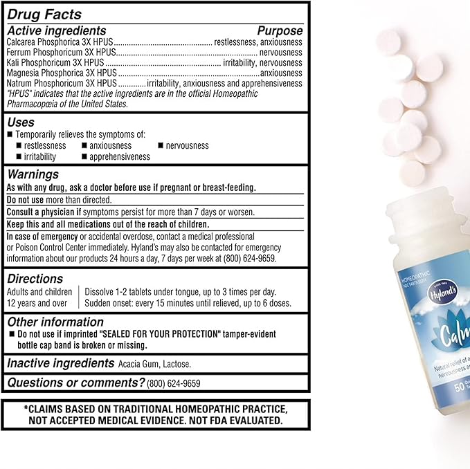 Hyland's Calm Tablets, Stress Relief Supplement, Natural Relief Of Anxiousness, Nervousness, And Irritability, 50 Count (Pack of 1, 50 Count Total)