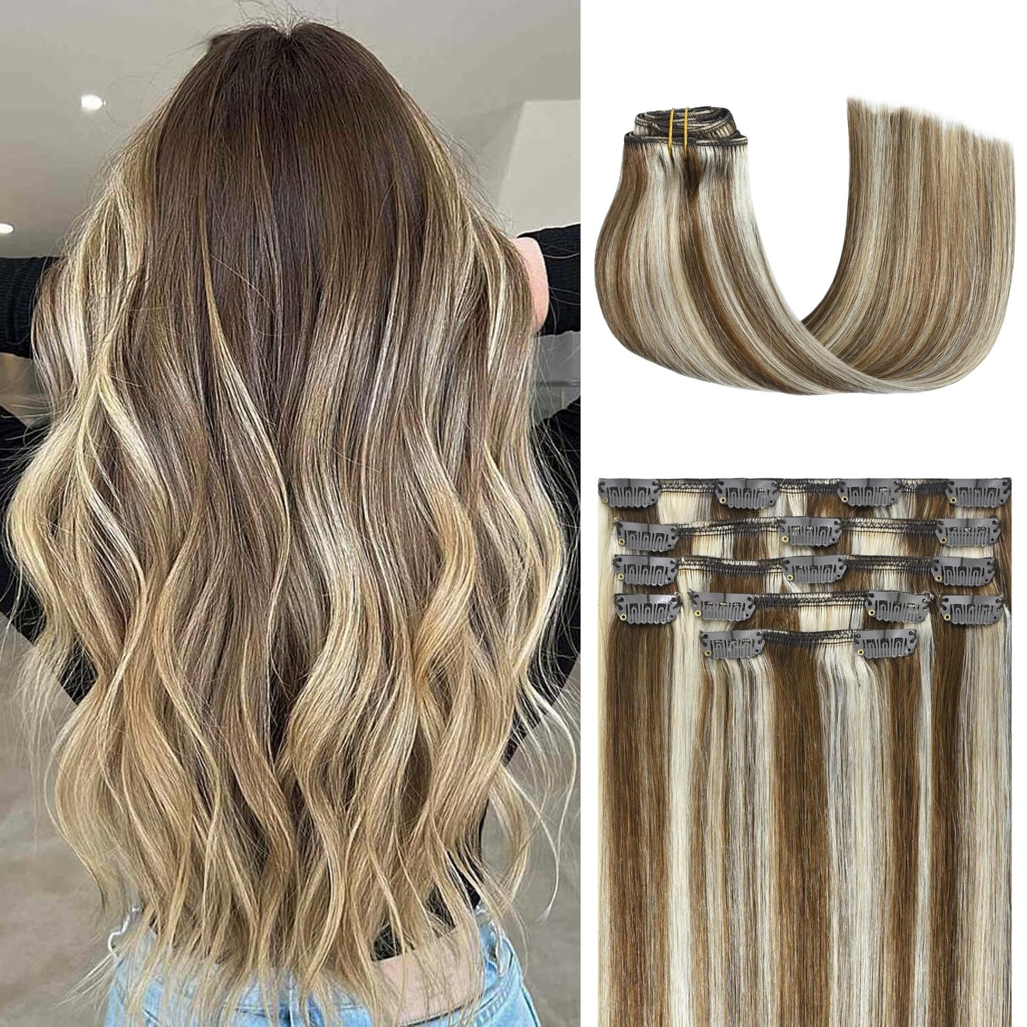 Honsoo Light Brown To Blonde Highlights Long Straight Clip In Hair Extensions Real Human Hair 115G 22In 7Pcs No Tangles Sliky Sm