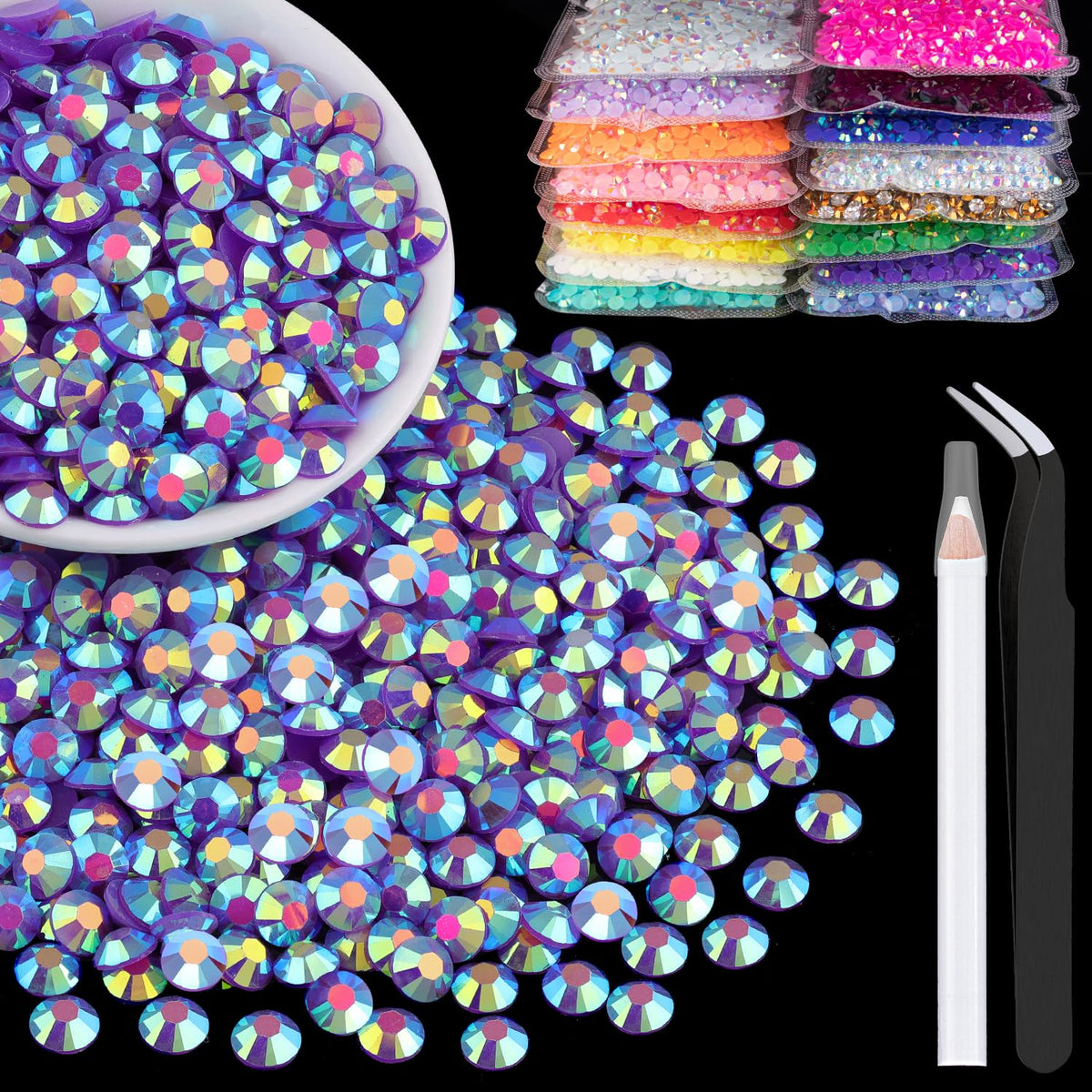 4000Pcs 4Mm Resin Rhinestones Bulk, Dark Purple Ab Flatback Round Jelly Rhinestones Bedazzling Non Hotfix Crystal Gems Large Qua