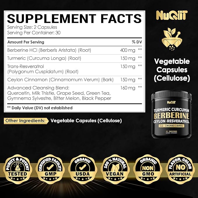 Berberine Supplement. Added Turmeric Curcumin, Trans-Resveratrol & More - Support Gastrointestinal, Body Management & Immune System - 60 Capsules