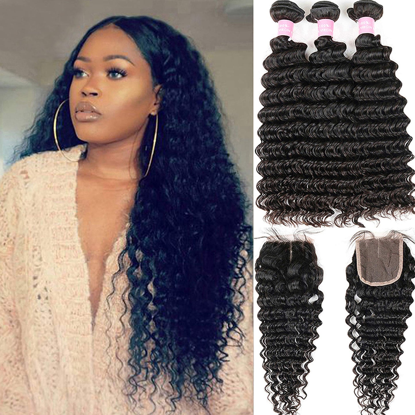 Deep Wave Virgin Human Hair 3 Bundles With Lace Closure Unprocessed Human Hair Extensions Natural Black Color(22 24 26+20)