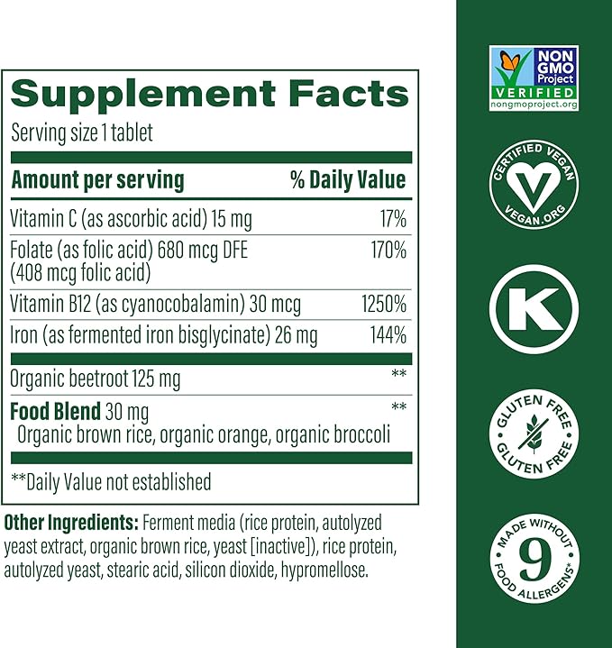MegaFood Blood Builder - Iron Supplement Shown to Increase Iron Levels without Nausea or Constipation - Energy Support with Iron, Vitamin B12, and Folic Acid - 60 Tabs
