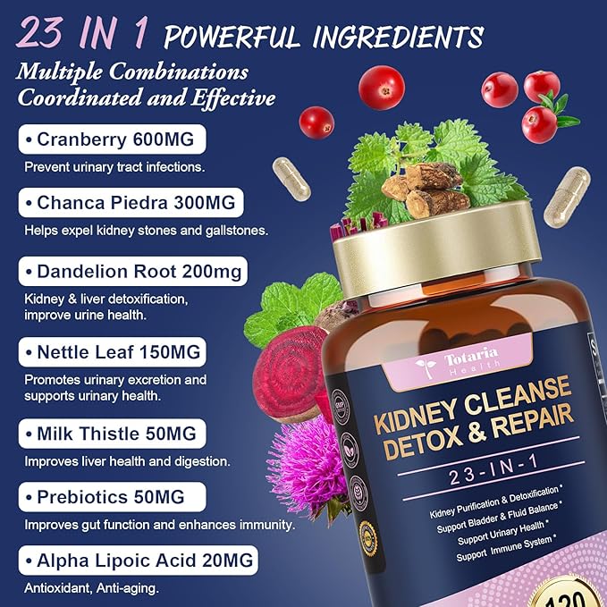 (2 P) Kidney & Liver Cleanse Detox & Repair Capsules, Chanca Piedra & Cranberry Pills for Liver & Kidney Support Supplement Extra Strength for Stones Dissolver, Urinary Tract Health for Woman