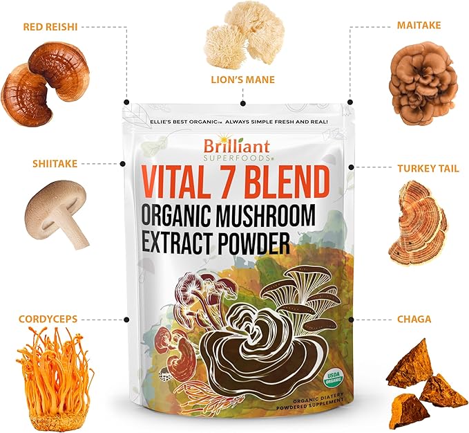 Ellie's Best 7 Mushroom Powder Extract Blend Supplement - Organic Reishi, Lion's Mane, Chaga, Turkey Tail, Cordyceps, Maitake & Shiitake - Double Extracted - 16oz / 456 Servings…