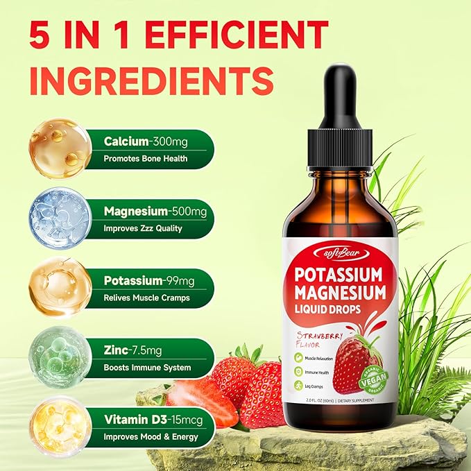 softbear Potassium Magnesium Liquid Drops, High Absorption Calcium Magnesium Potassium Liquid for Bone & Muscle Health Liquid Potassium and Magnesium Supplement Drops Strawberry Flavor 2 Fl Oz