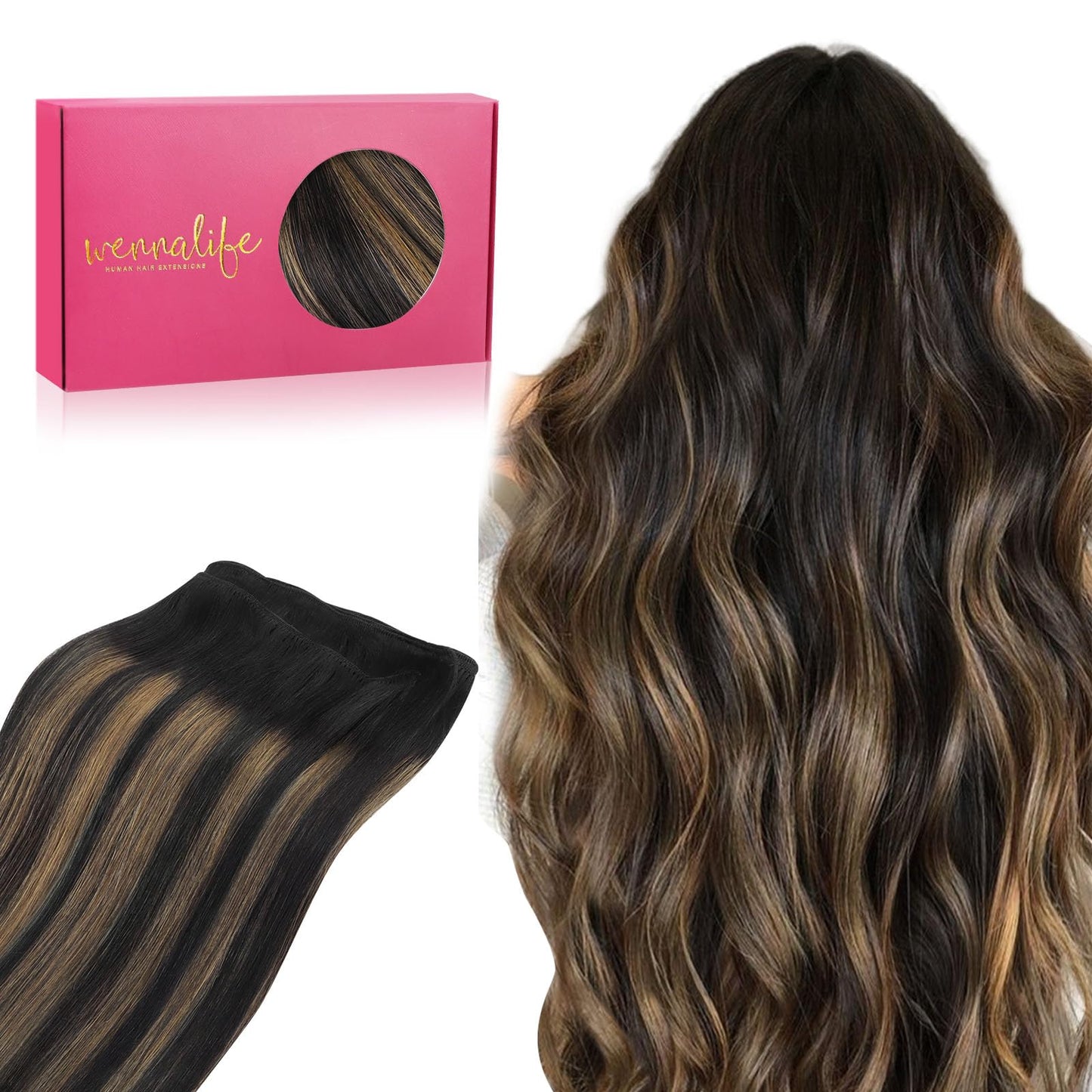 Wennalife Sew In Hair Extensions Real Human Hair, 20 Inch 100G Balayage Natural Black To Chestnut Brown Machine Weft Hair Extens