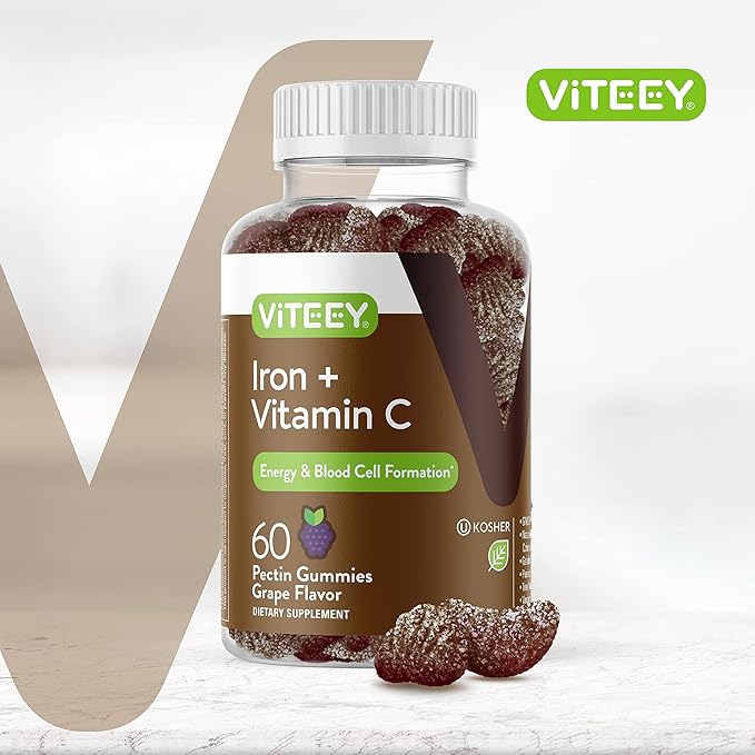 Iron Gummies 20mg + Vitamin C 26mg for Iron Deficiency and Anemia, Supports Energy, Blood Cell Formulation, Blood Builder, Vegan Supplements, Gluten Gelatin and GMO Free, Chewable Grape Gummy Chews