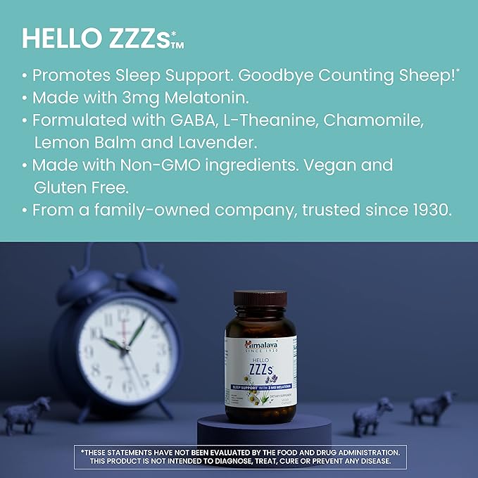 Himalaya Hello ZZZs with GABA, L-Theanine and Melatonin 3mg for Sleep Support and Occasional Sleeplessness, 60 Capsules, 2 Month Supply