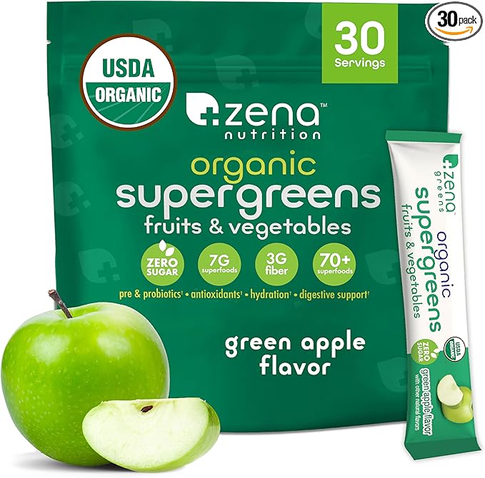 Organic Super Greens Powder, 70+ Superfoods, 0 Sugar, 3G Fiber, Spirulina, Chlorella, Antioxidants, Prebiotics/Probiotics, Digestive Enzymes, Green Apple, 30 Drink Mix Packets