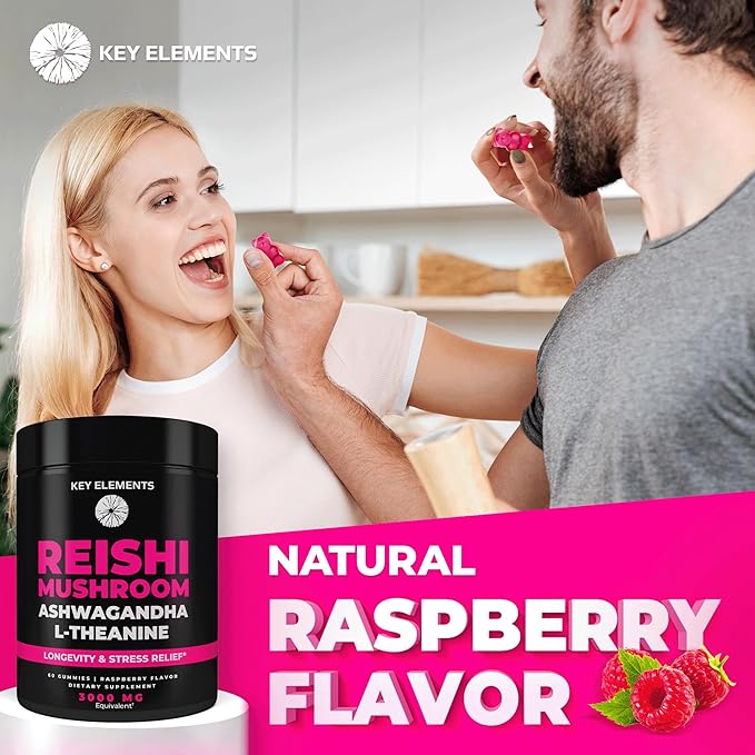 Natural Reishi Mushroom Gummies & L Theanine with Ashwagandha - Potent Mushroom Supplements for Immune Support, Stress Relief & Improve Sleep Gummies - Ashwagandha Gummies for Women & Men